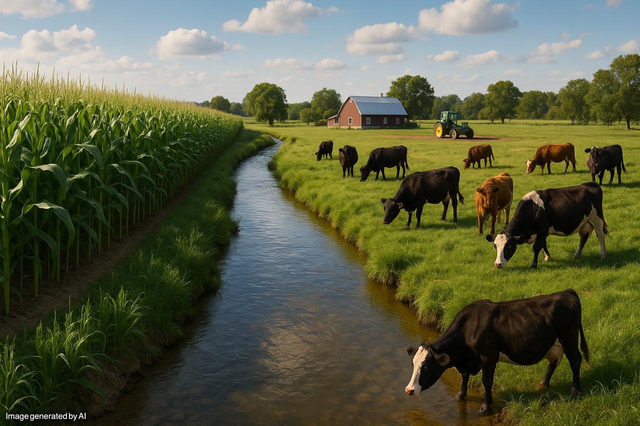 A photorealistic image of a farm field, separated into two parts by a stream in the middle, a field of maize on the left side of the stream, and a grassland with grazing cattle on the right side of the stream, in the distance there is a farm house and a tractor.