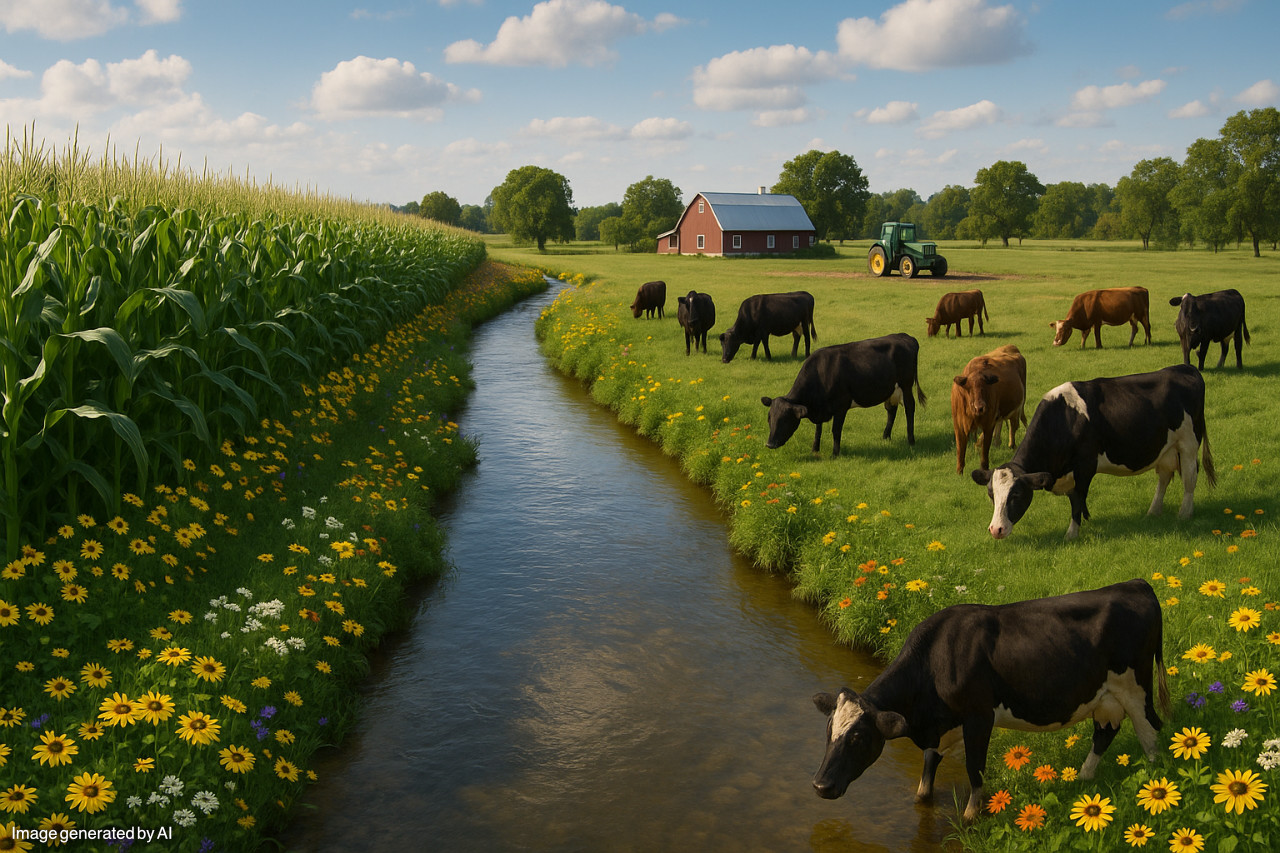 A photorealistic image of a farm field, separated into two parts by a stream in the middle, wild flowers on the banks of the stream, a field of maize on the left side of the stream, and a grassland with grazing cattle on the right side of the stream, in the distance there is a farm house and a tractor.